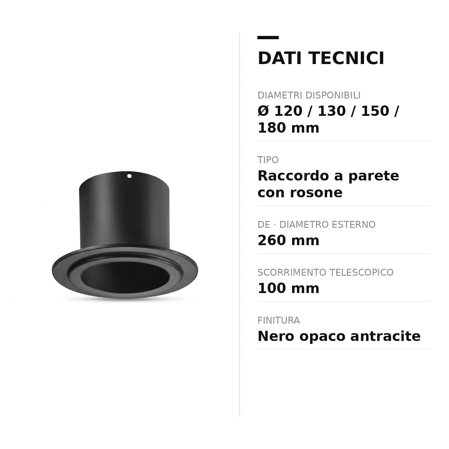 MAKA Raccordo a Parete con Rosone Canna Fumaria Legna Nero Ø 150 mm