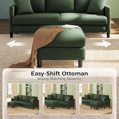 Image of Welzona 83 inch Couches for Living Room, Teddy Sofa Couch with Storage Ottomans, U Shaped Couch with Movable Ottomans, Tool-Free Modular Sectional Sofa, All-Wood Sofas for Living Room 2 Pillows, Green