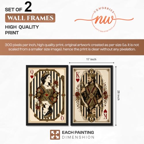 Image of NoWorries Vintage King & Queen of Hearts Playing Card Wall Art Set of 2, Framed Casino Card Prints, Royal Couple Gothic Decor, Poker Room Wall Decor, Antique Victorian Playing Card Artwork for Game Room (Art-12, 17x25inch)