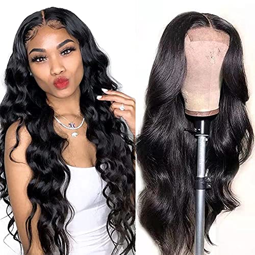 Body Wave Lace Front Wigs Human Hair, 4x4 Lace Closure Human Hair Wigs for Black Women, 150% Density Brazilian Virgin Human Hair Wig Pre-Plucked with Baby Hair Natural Color (28 Inch)