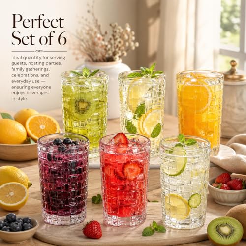 Image of WRINGO Checks Design Juice Glasses, 250ml Drinking Water Glass Tumbler Set, Premium Transparent Glasses for Juice, Water, Soft Drinks, Mocktails, Cocktail, Home Kitchen Dining Tableware(Set of 6)