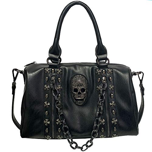 FiveloveTwo Femmes Crâne Chaîne Sacs portés Main Gothique Rivet Sac à Bandouliere Cuir PU Sacs portés épaule Sacoche Sachet Fourre-Tout Noir