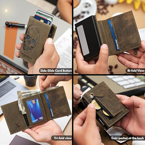 Image of The X Project Genuine Leather Wallet for Men | RFID Blocking Slim Bifold Wallet | Quick Card Eject Mechanism | Coin Pocket & ID Window | Premium Gift Box | Bold Skull Design (Greenish Brown)