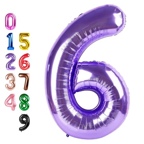 Image of Number Balloons Purple 6 Balloon 40 inch for 6th Birthday Party Decorations | Saturated Color, Large 40 in, With Straw & Hanging Hole, For Back-to-School Season, Wedding, Christmas, New Year, Anniversary