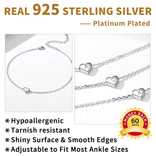 Chicsilver Silver Initial Charm Anklet, 925 Sterling Silver Boho Beach Dainty Cute Tiny Heart Foot Chain Ankle Bracelet Platinum Plated Letter J Chain Anklet For Women #TOP4