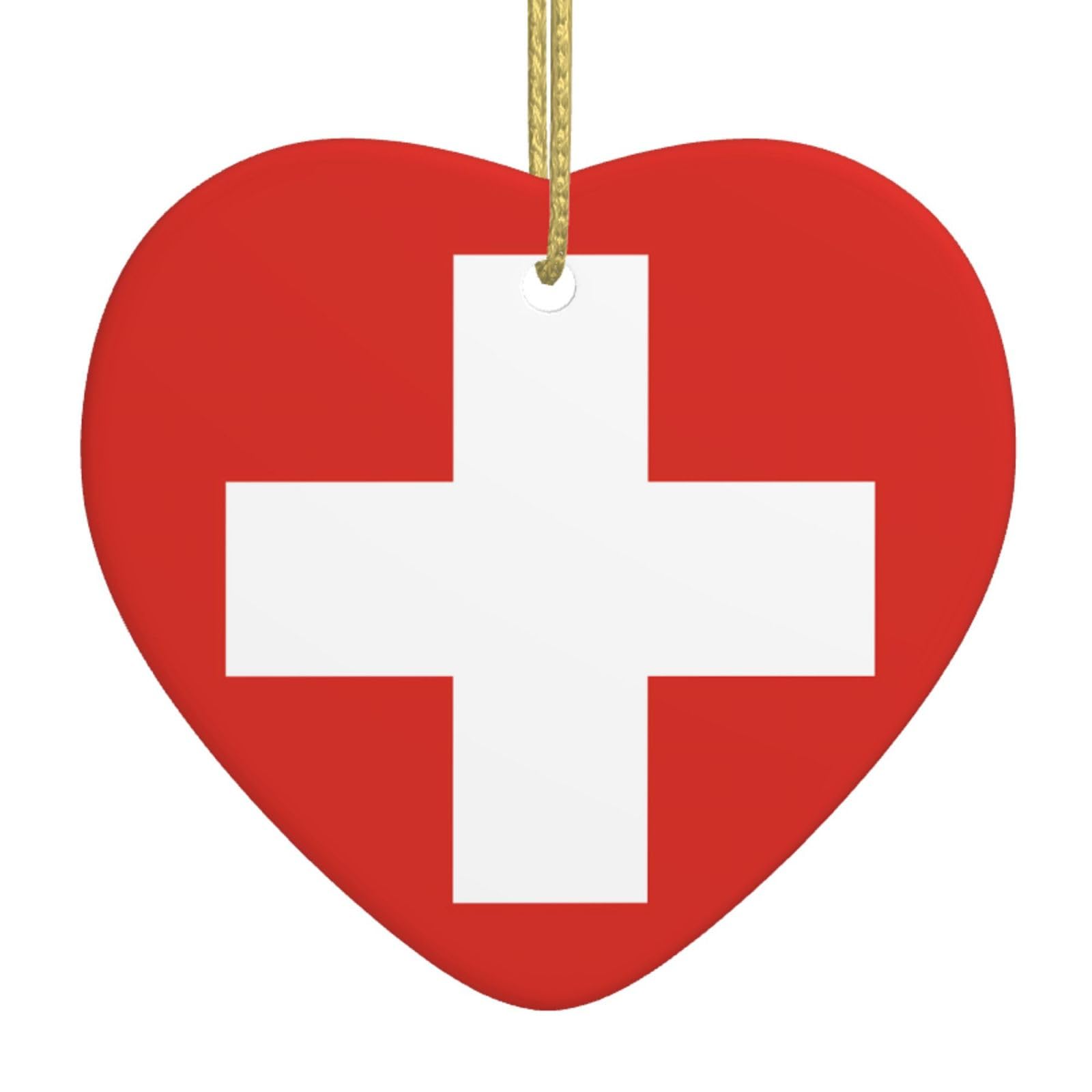 Swiss Flag Ceramic Christmas Heart Pendant with Silk Thread, Christmas Tree Home Decoration