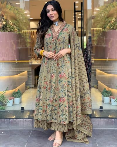 Image of GoSriKi Women's Rayon Viscose Anarkali Printed Kurta with Palazzo & Dupatta