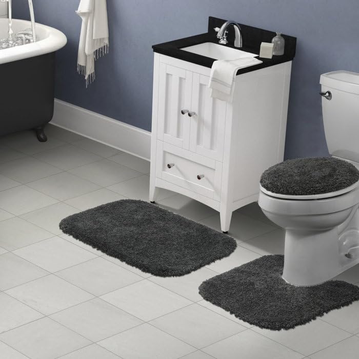 Aesthetic Cute Thick Pile Dark Gray Bathroom Rugs Sets 3 Piece with Reinforced Edges Nonslip Backing Super Soft