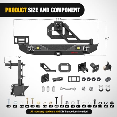 Image of Nilight Rear Bumper with Spare Tire Carrier for JL JLU Unlimited | For Wrangler JL JLU Unlimited(2 /4 Doors) 2018-2026 2 inch Hitch Receiver w License Plate Bracket 2 LED Lights D-rings