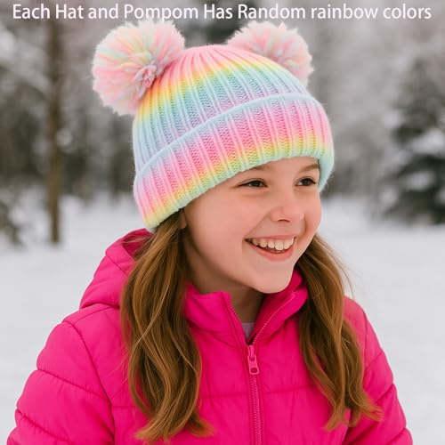 Little Girls Rainbow Beanie Hat and Glove Set Multicolor Knit Pompom Beanies for Winter Snow Ski Caps Age 3-82