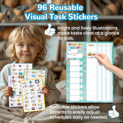 Image of JJPRO Magnetic Reward Chart for Kids with Reward Jar- Behavior Reward Chart System, Toddlers Daily Routine,Visual Schedule Board,96 Reusable Stickers& 45 Star Tokens to Motivate Responsibility-Blue