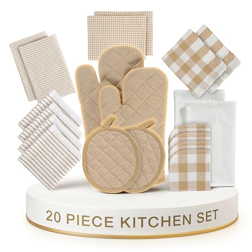 Image of LANE LINEN 20 Piece Kitchen Linen Set - Soft Absorbent Cotton Dish Towels, Reusable Terry Dish Cloths, Flour Sack Towels for Baking, Quilted Oven Mitts & Pot Holders for Everyday Cooking - Beige