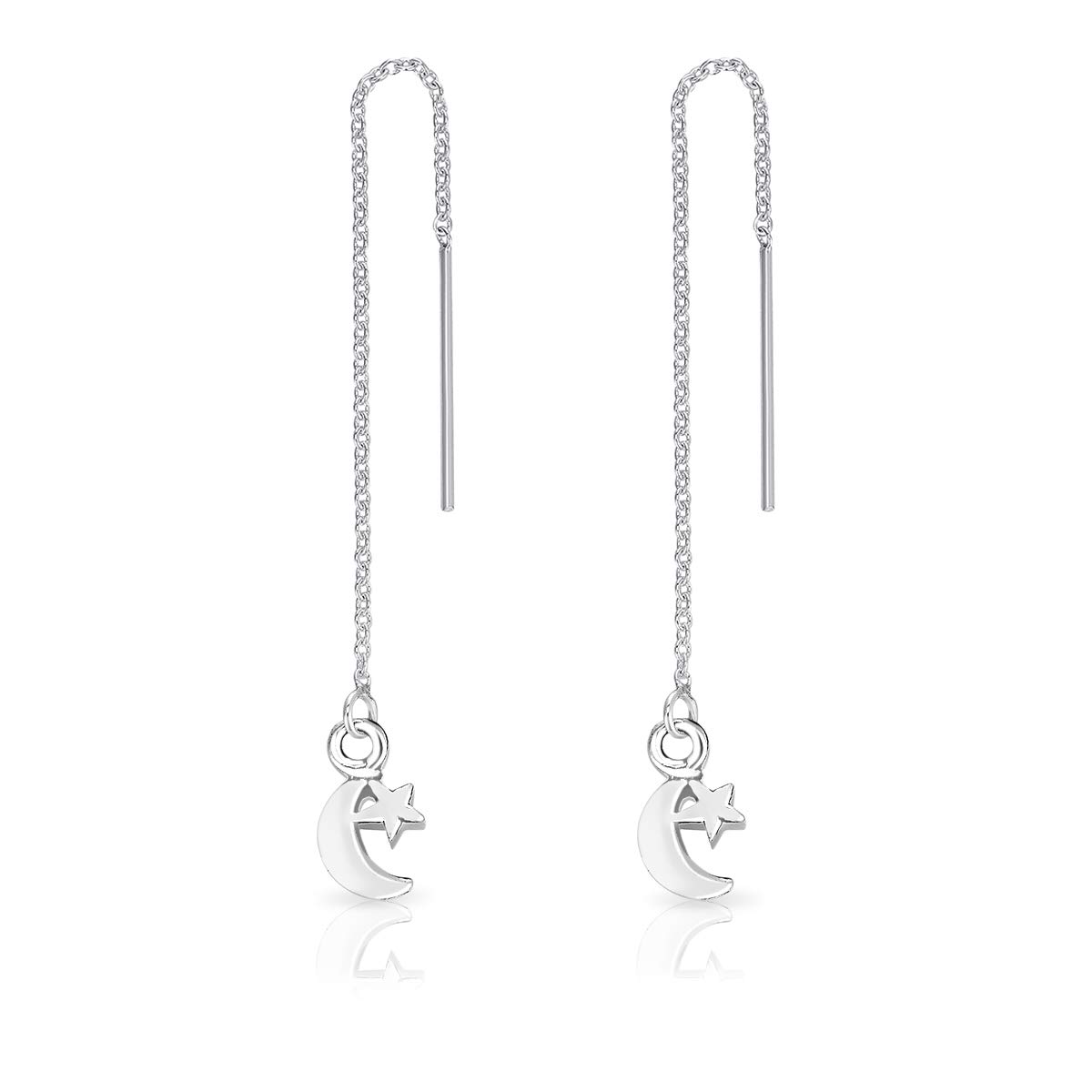 DTPsilver Aretes de Plata Pequeños - Pendientes Colgantes Mujer Plata de Ley 925, Chapados en Oro Amarillo o Oro Rosa - Cadena con Luna y Estrella - Longitud 75 mm - Dimensión: 6 x 10 mm