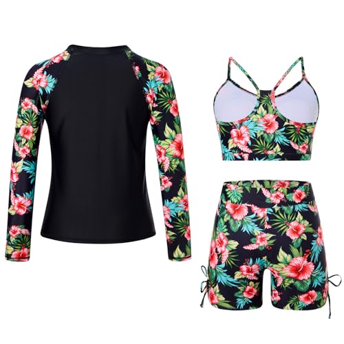 Image of Funnycokid Girls Swimsuit 3 Pieces Zip Rash Guard Bathing Suits Set Kids Bikini Boyshort Summer Swimwear 3-14 Years