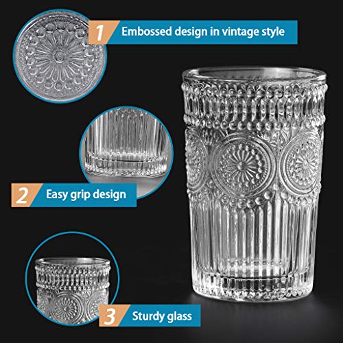 Image of MDLUU Embossed Water Glasses, Romantic Glassware, Vintage Drinking Glasses, Glass Tumblers for Juice, Beverages, Cocktail, Capacity 12.5oz /370ml, Set of 4