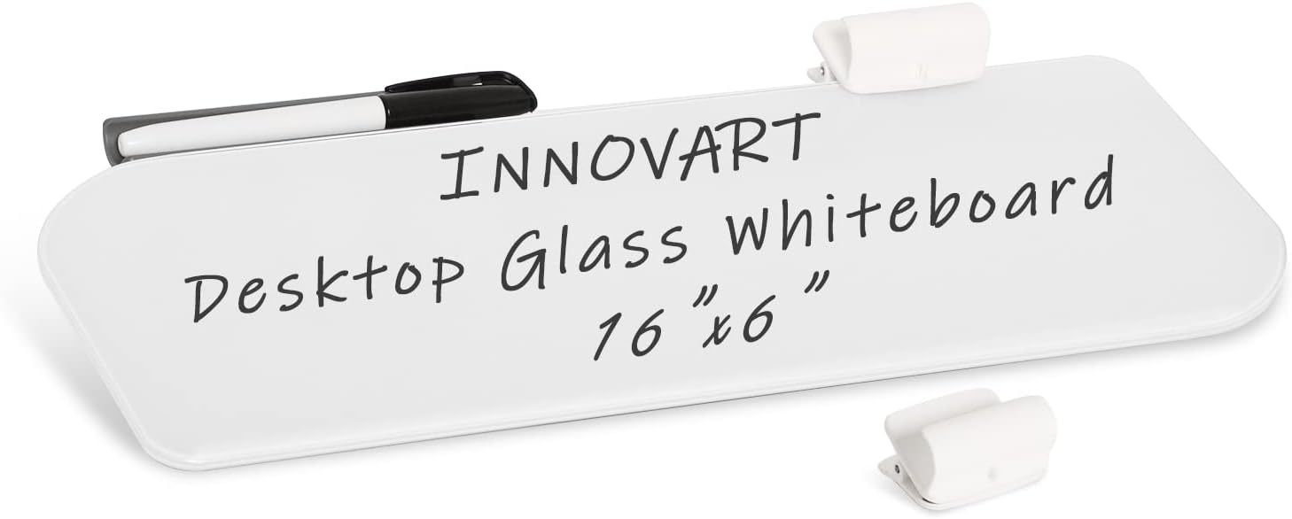 Desktop Glass Whiteboard 16”x6”, Glass Computer Pad with Pen Holder Clip, Computer Keyboard Stand White Board Surface Pad, Glass Board Memo Station, Dry Erase Surface Notepad Whiteboard