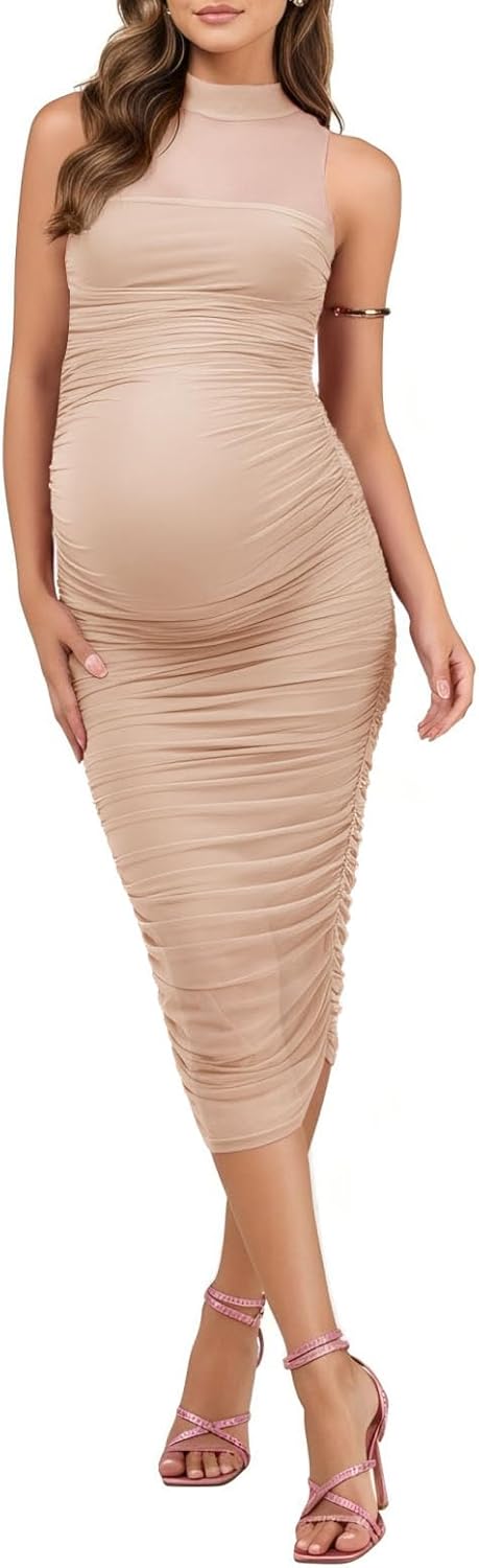 Dedysler Maternity Mesh Ruched Sleeveless Formal Wedding Guest Dress for Baby Shower Casual Backless Split Pregnancy Dresses