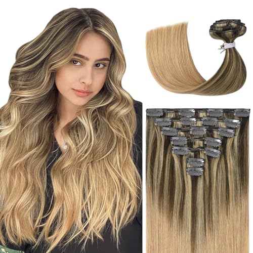 Clip In Hair Extensions Double Weft Brazilian Hair 120g 7pcs Medium Brown Fading to Golden Brown and Strawberry Blonde Highlighted Full Head Silky Straight 100% Human Hair Clip In Extensions 18 Inch