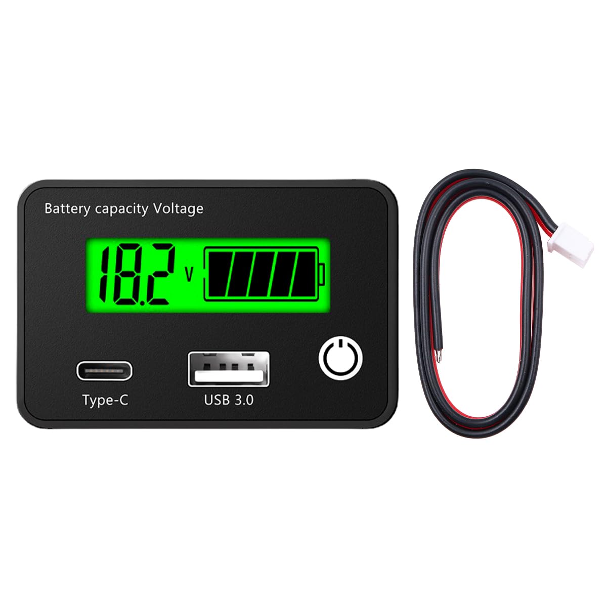 DollaTek Tester akumulatora samochodowego LCD Wska?nik baterii DC8-30V z portem USB typu C do samochodu Moto Golf Cart RV Miernik baterii