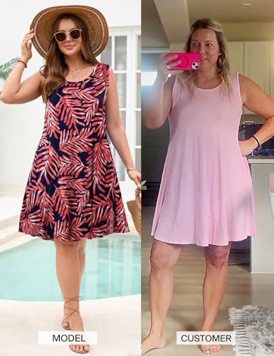 Image of JollieLovin Women Plus Size Curvy Summer Tank Sun Dresses Sleeveless Causal T-Shirt Dress Beach Swing Cover up(L-5X)