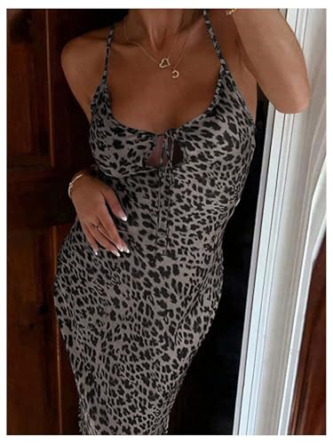Floerns Women's Cheetah Long Dress Spaghetti Strap Tie Front Going Out Bodycon Maxi Dresses4