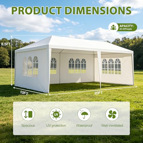 Image of 10x20 White Canopy Tent with 4 Removable Sidewalls and Windows, Waterproof Outdoor Party Gazebo Tent for Backyard Wedding Events BBQ Graduation