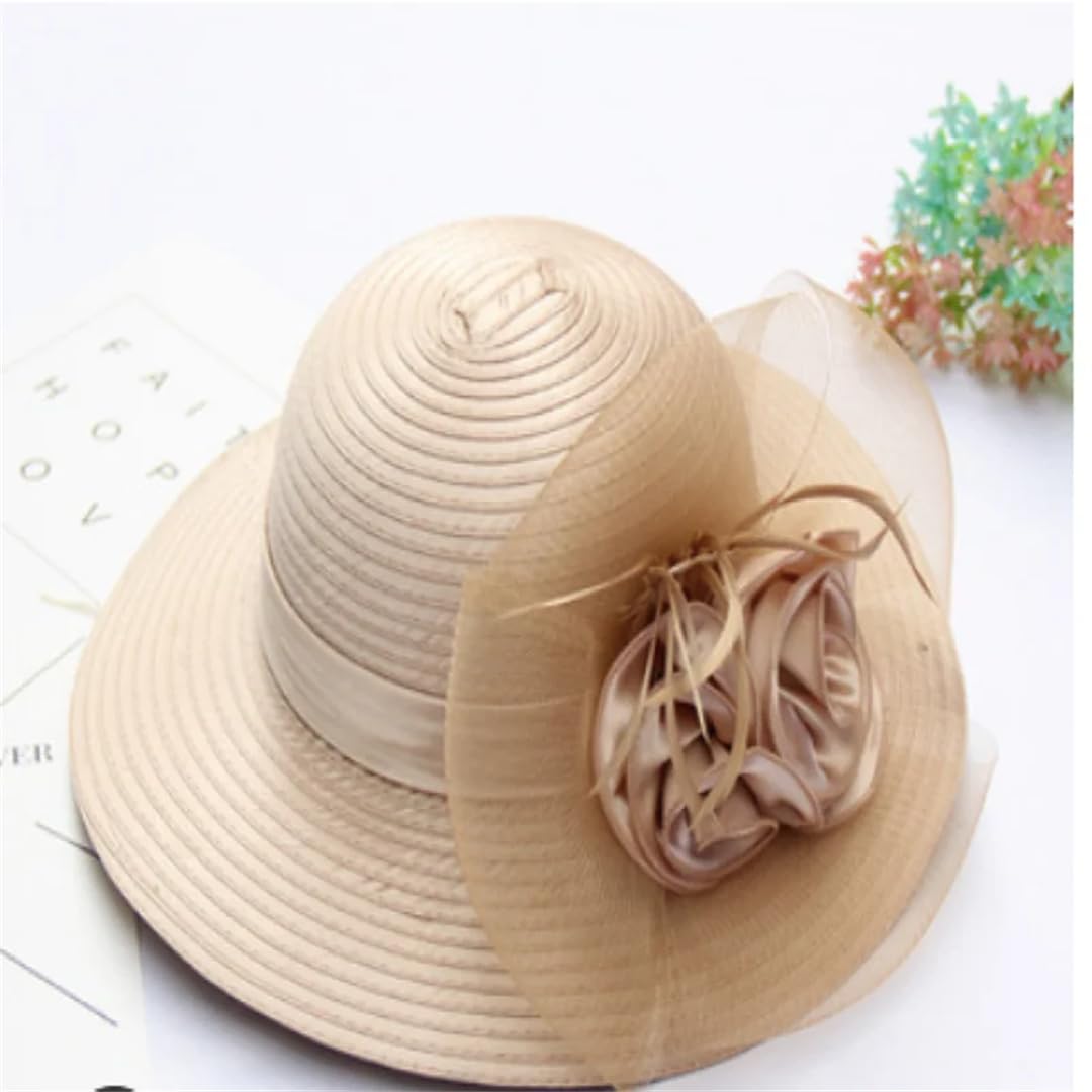 Yeuyyben Cappello da sole da donna, alla moda, estivo, in organza, a tesa larga, con nastro floreale