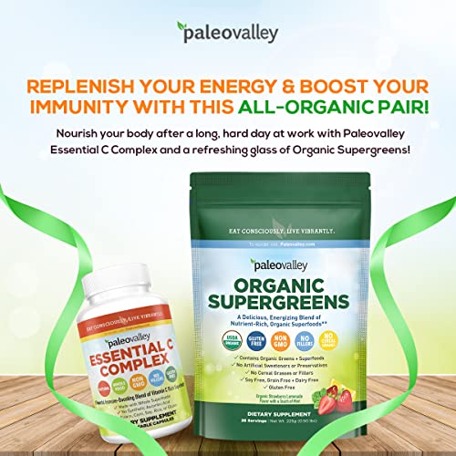 Paleovalley 2-In-1 Organic Supergreens & Essential C Complex Bundle - Immunity And Vitamin C - Organic Brain Supplement, Greens And Superfood For Energy Support - Gluten-Free, Non-Gmo, No Fillers #TOP1