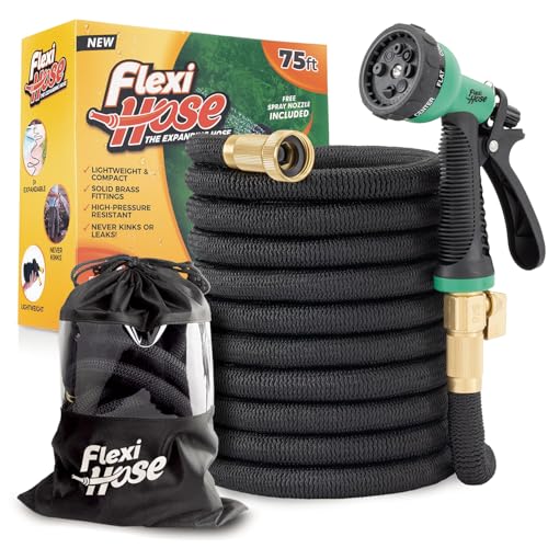 Flexi Hose Plus Expandable Garden Hose with 8 Function Nozzle 75FT - Lightweight Retractable Garden Hose Water Hose - No-Kink Flexibility 3/4 Inch Solid Brass Fittings Includes Hook & Bag