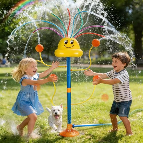 VATOS Water Sprinkler Outdoor Yard Toy for Kids, Smile Face Rainbow Splash Toy with 8 Wiggle Tubes 4 Nozzle, Backyard Lawn Water Sprinkler, Summer Family Games, Fun Water Toys for Kids 3-8 Boy Girl