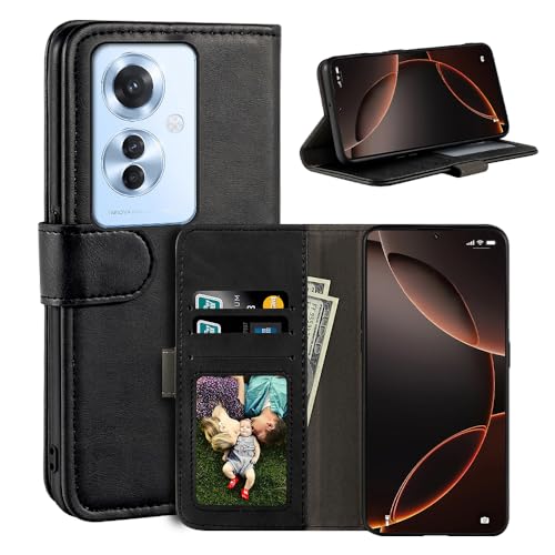 UOGNADGD レザーフリップカバー OPPO Reno 11F 5G Global との互換性あり カードスロット付きウォレットケース、マグネットクロージャー、キックスタンド、RFID耐衝撃フォリオ (ブラック)