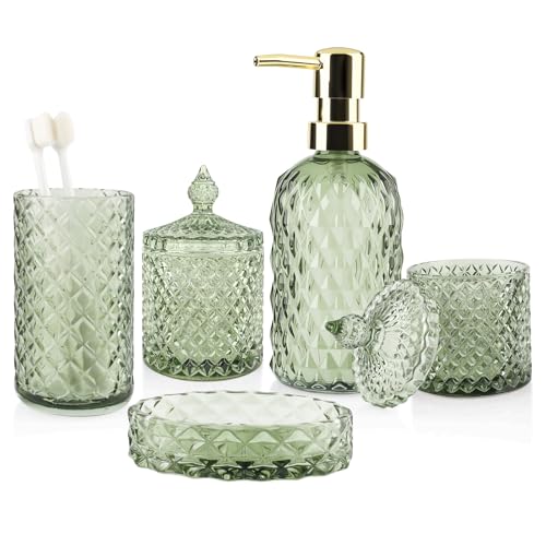 5Pcs Glass Bathroom Accessories Set,Green Vintage Bathroom Accessory Set, Bathroom