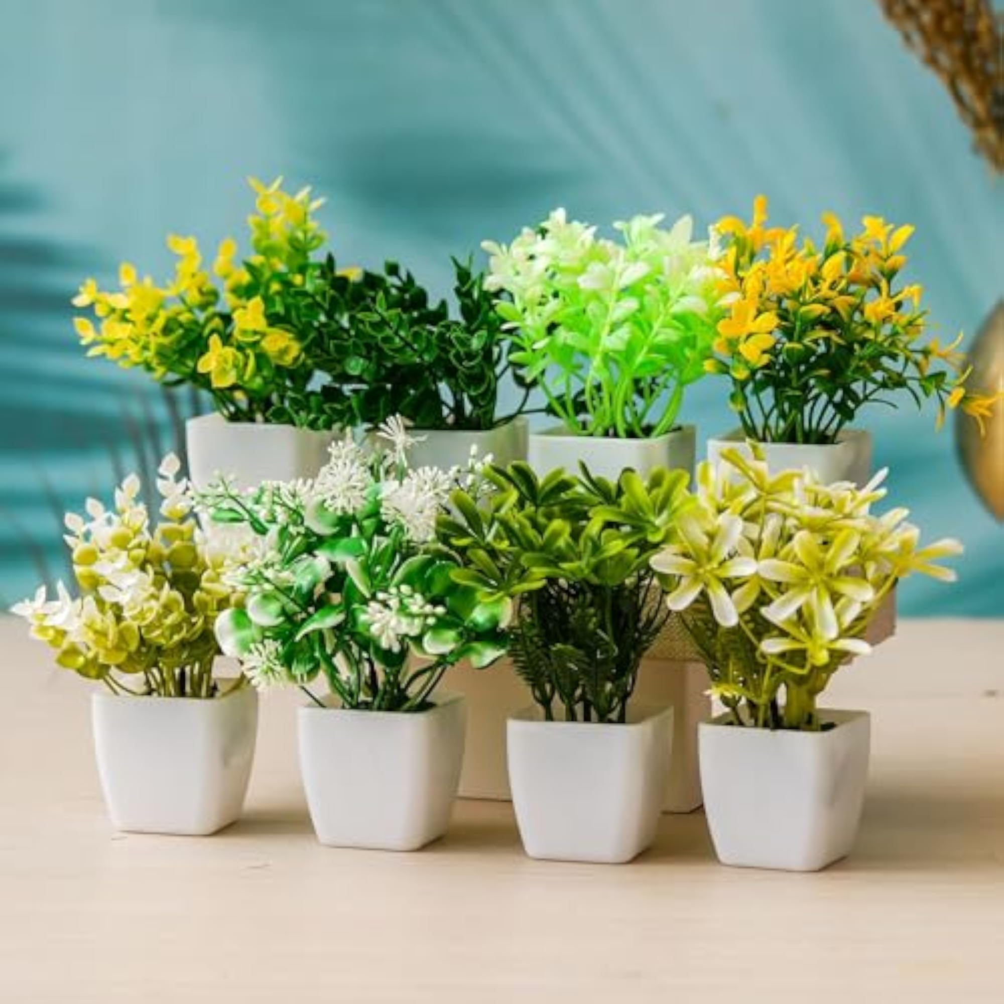 Set of 8 Decorative Mini Artificial Flowers Plants with Pot