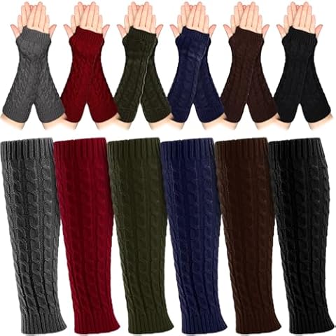Therwen 12 Pairs Leg Warmers Arm Warmers Knit Fingerless Gloves for Women Wrist Warmers for Y2k 80s Winter Party Costume (Dark Colors) Cover