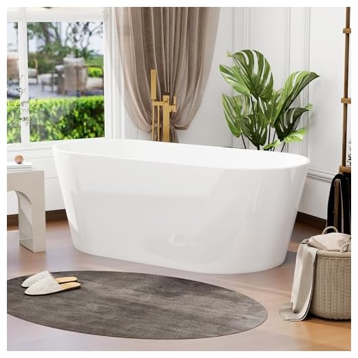 HIGREENA 59" Acrylic Freestanding Bathtub, Glossy White Soaking Bathtub, Stand Alone Tub, Oval Bathtub with Chrome Overflow and Drain, Contemporary Free Standing Tub for Bathroom