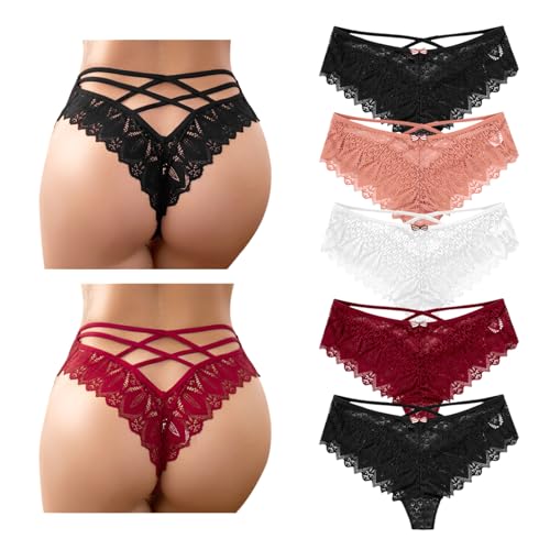 Zilams Tanga de Encaje Mujer Sexy Bragas Elástica Cintura Baja Ropa Interior Femenina Suave Slip Braguitas Culotte (XL, B-5Pcs)