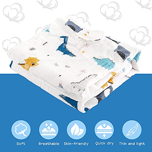 Image of Muslin Hooded Towel Made from Organic Cotton 6-Layer Cotton Bath Towel, Soft Bath Towels 25x51inches for Toddler Baby and 0-4 Years Old Kids Dinosaur