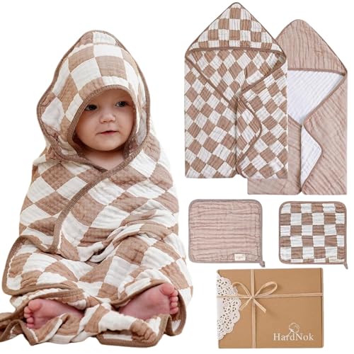 HardNok Juego de toallas de muselina ultrasuave, 4 piezas, mezcla de muselina y viscosa de bambú, ideal para baño y playa, perfecto para bebés niños y niñas, (café a cuadros, 32 x 32 pulgadas)