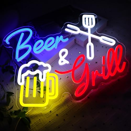 Image of Beer And Grill Neon Sign for Wall Decor, Grilling Led Signs for BBQ Bar, USB Dimmable 15.75 inch x 11.97 inch Neon Lights for Beer Bar Home Pub Restaurant Patio Man Cave Wall Art