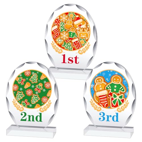Huquary 3 Pcs Christmas Contest Trophy Set 1ST 2ND 3RD Place Cookie Gingerbread Man House Pajamas Competition Kit Acrylic Awards Funny Xmas Party Trophies Tabletop Decor(Christmas Cookies) by Huquary - Used condition - US$8.20