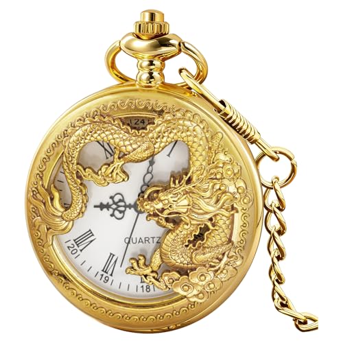Image of Dragon Design Quartz Pocket Watch Roman Numerals with Chain Birthdays Gifts for Father's Days