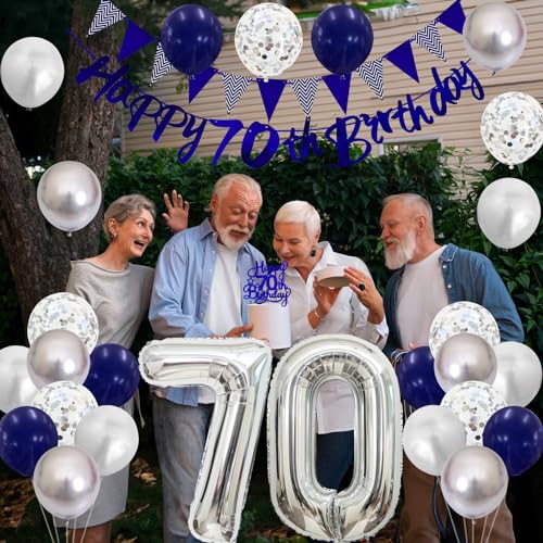 Image of 70th Birthday Decorations for Men Women, Blue Silver White Birthday Balloons, Blue Happy 70th Banner Cake Topper Number 70 Foil Balloon for 70 Year Old Party Decoration