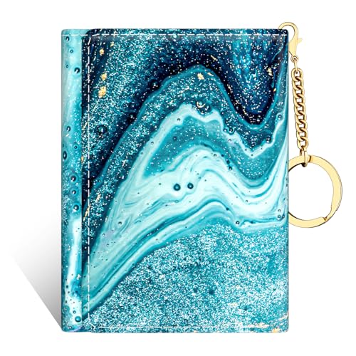 Image of Rouidr Womens Wallet, Small Slim RFID Card Wallets for Women, Cute Front Pocket Trifold Leather Card Organizer with 7 Slots & ID Window, Cyan Marble