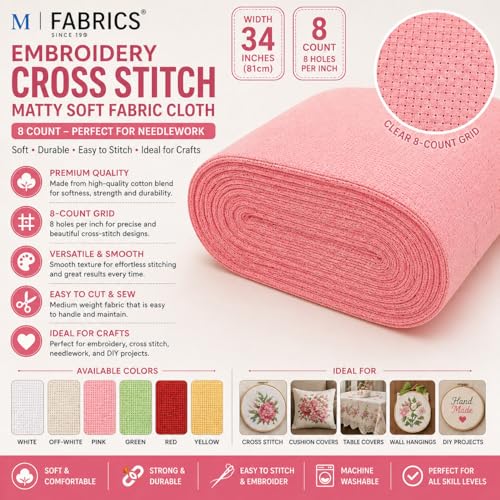 Image of M Fabrics 3 Meters Pink Aida Matty Fabric 8 Count 34 Inch Width | Cotton Cross Stitch Embroidery Cloth Soft Needlework Fabric for Cushion Covers Table Covers Craft Sewing - 3 Meters Pink