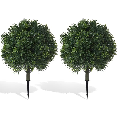 Set of 2 24' Artificial Boxwood Topiary Ball Trees with Red Rose & Ground Spike UV Resistant Fake...
