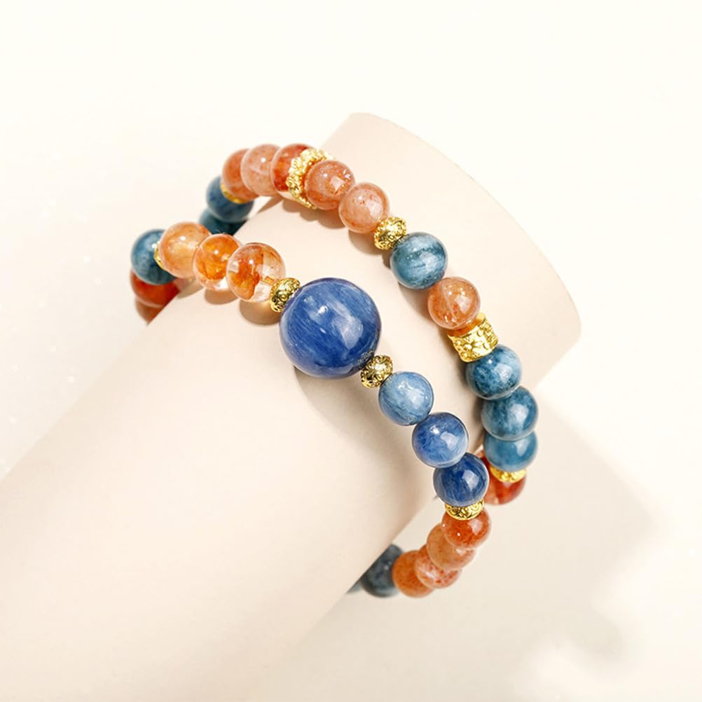 Bracelet en Cyanite Naturelle, Pierre de Soleil et Agate Rouge – Bijoux en Perles de Cristal Bleu, Or et Rouge pour la Communication, la Joie et la vitalité, Cadeau élastique