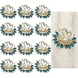 Yearn Jear Gold Napkin Ring Teal Peacock Buckles Rhinestone Napkin Holders for Wedding Banquet Home Party Kitchen Decorations Dining Table Set of 12