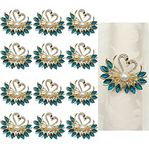 Gold Napkin Ring Teal Peacock Buckles Rhinestone Napkin Holders for Wedding Banquet Home Party Kitchen Decorations Dining Table Set of 12