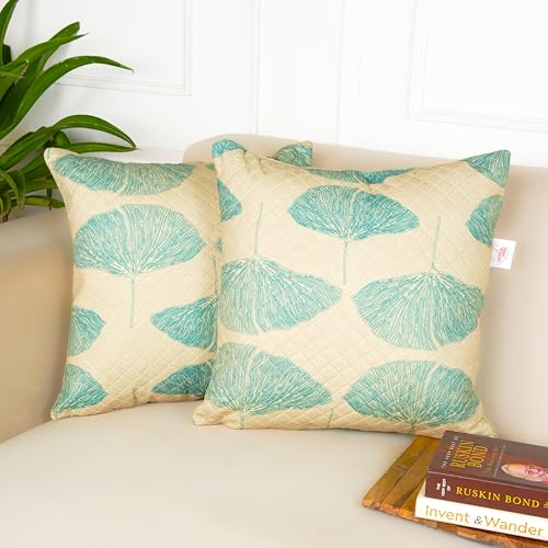 Image of STITCHNEST 'QuadraNest' Series Printed Quilted Velvet Cushion Cover 16x16 Inch Set of 2 | Premium Soft Fabric, Washable & Fade Resistant | Decorative Living Room Cushion Covers | Botanica Weave