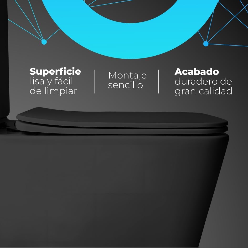 Inodoro Completo - WC Con Sistema Rimless Antibacterias - Vater Baño Con Tapa Dura Extrafina Amortiguada - Salida Dual - Para Hogar Color Negro